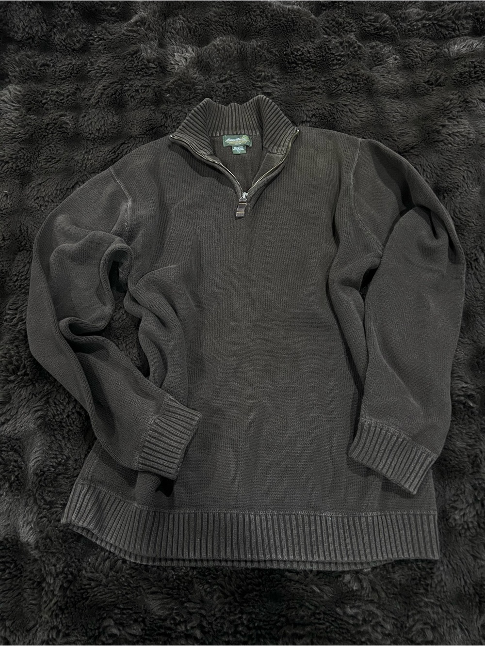 Eddie Bauer 100% cotton dark brown quarter zip mock neck sweater size Large Tall